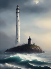 Lighthouse in the rough sea. AI generated illustration