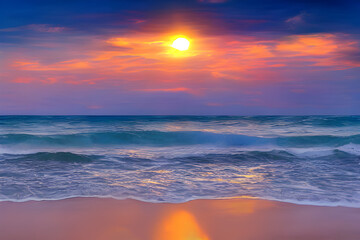 Obraz premium Sunset landscape, summer tropical beach. Sea, ocean, waves, surf, red yellow blue sky, sunset. Design concept for travel, family vacation. Great natural beach background. Illustration. Generative AI