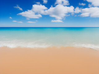 Fototapeta premium Landscape, summer tropical beach. Azure sea, ocean, surf, blue sky with cumulus clouds, ,sand. Design concept for travel, family vacation. Natural beach background. Illustration. Generative AI