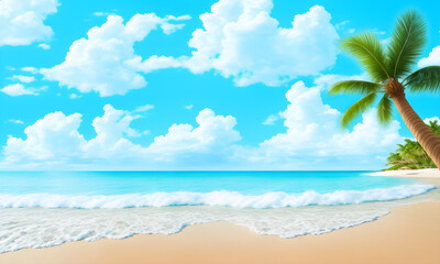 Fototapeta na wymiar Landscape with summer tropical beach. Azure sea, ocean, waves, blue sky with cumulus clouds, palm trees, warm sand. Design concept for travel, family vacation. Great natural background. Generative AI