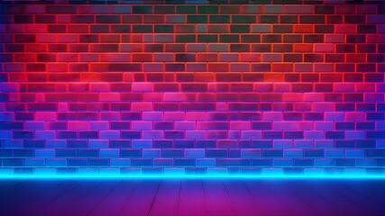 Background of a brick wall with pink, red, purple, and blue neon lighting effects. background of flashing lights on a plain brick wall. Generative Ai