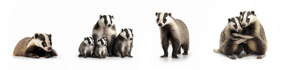 Obraz premium Wildlife forest woods animals european badgers banner panorama long - Collection of cute badger animal (meles meles) family with baby, isolated on white background, Generative Ai.