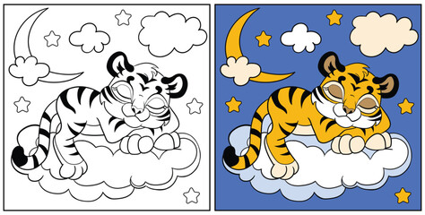 Coloring for kids cute sleepy tiger cub vector illustration