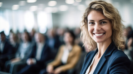 Lächelnde Business Frau mit positiver Ausstrahlung vor einem Publikum im verschwommenen Hintergrund, Generative AI - obrazy, fototapety, plakaty