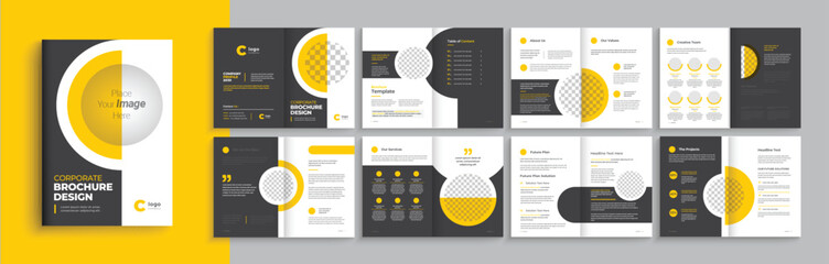 Company profile template layout design with yellow and black color shape, Multipage business brochure template with professional design.
