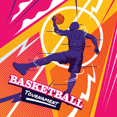 Basketball Man Slam Dunk Pose with Urban Style and Glitch Style in Bold Colorful Colors   © Agung Wibisono
