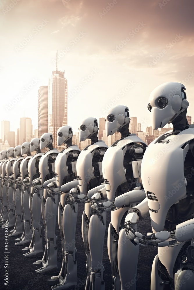 Poster sophisticated robots stand are arranged in a row, backdrop of a glittering city. generative ai
