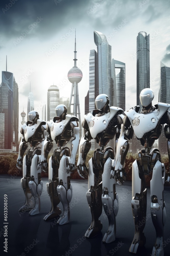 Poster sophisticated robots stand are arranged in a row, backdrop of a glittering city. generative ai