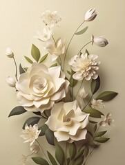 Delicate Cream and Green Tones in Floral Composition on Cream Background