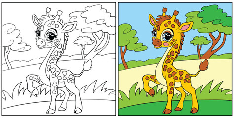 Coloring for kids cute giraffe in the savanna vector © alinart
