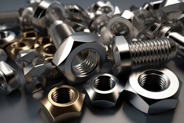 Collection of metal steel nuts, bolts, and screws. Generative AI