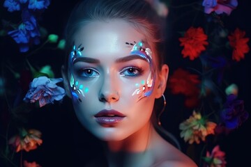 Sensual woman with body art and colored eyes and lips, flowers. Generative AI