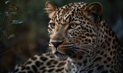Fototapeta na wymiar closeup photo of leopard on blurry background of its natural habitat. Generative AI