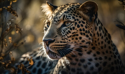 closeup photo of leopard on blurry background of its natural habitat. Generative AI