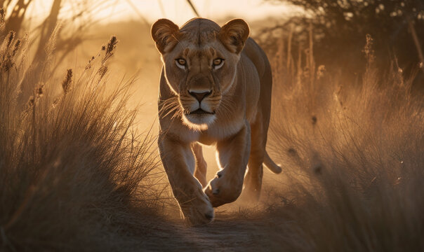 photo of liger (hybrid of lion and tiger)  running in tall grass at sunset. Generative AI