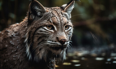 Obraz premium closeup photo of lynx on blurry background of its natural habitat. Generative AI