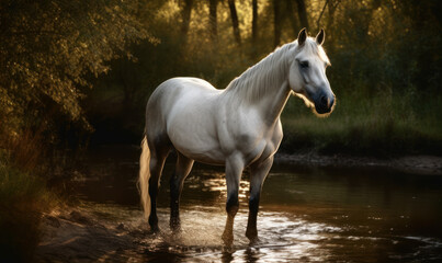 Naklejka na ściany i meble photo of Lipizzaner standing in forest river in its natural habitat. Generative AI