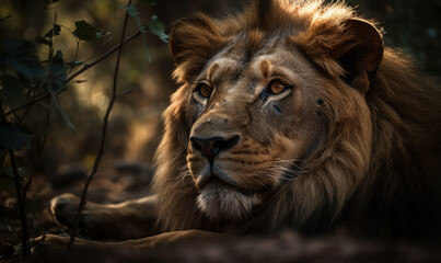closeup photo of lion on blurry natural background of its natural habitat. Generative AI