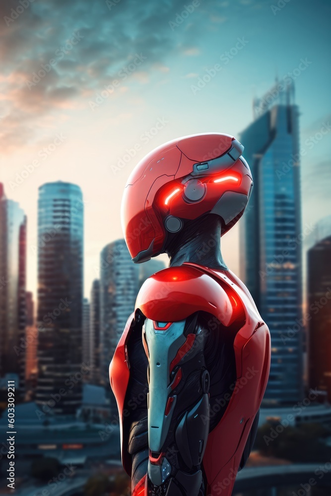 Poster robot with a glowing red visor in cityscape, generative ai