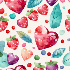 Watercolor cute floral and hearts pattern for Valentines Day. Leaves ornament background for Global Love Day or First Love Day. Generative AI
