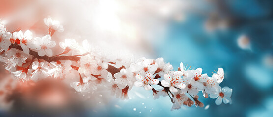 Branches of Blossoming cherry tree on blue sky background in sunlight close-up. Spring banner.