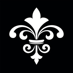 White royal lily on a black background. Heraldic sign, logo, design element, decoration. Graphic vector pattern.