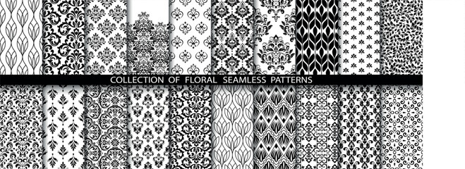 Geometric floral set of seamless patterns. White and black vector backgrounds. Damask graphic ornaments.