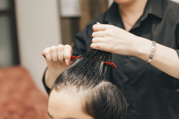 Naklejka premium hairdresser makes a haircut to a woman in the salon. The hairdresser cuts wet hair, combing with a comb. client with short hair. back view