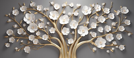 Golden floral tree with flowers. Generative AI