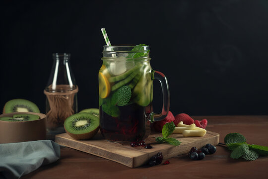 Dietary vegan detox drink made from fresh fruits and berries in a glass bottle. Generative AI