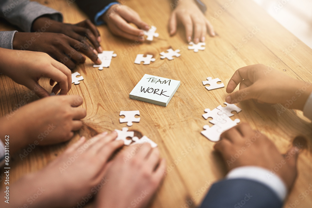 Poster teamwork, puzzle and hands of business meeting for brainstorming in a meeting together planning stra