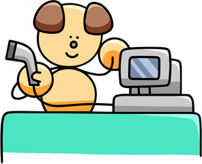 レジで仕事をするわんまるのイラスト(左右反転バージョン)　犬