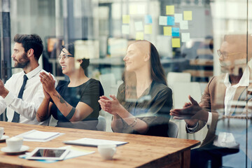 Business meeting, applause and people cheering n support of presentation, results or target...