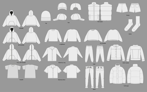 Vector Apparel Mockup Collection Streetwear T-shirt  Hoodie Blank Hat Cap Shorts Beanie Design Template White Cap Mockup Realistic Style Baseball Caps Vector Illustration Set