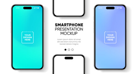 3D realistic high quality smartphone mockup with isolated background. Smart phone mockup collection. Device front view. 3D mobile phone with shadow on white background.