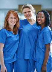 Portrait, nurses and team in a hospital, healthcare and happiness with doctors, career and friends....