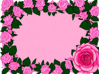 romantic pink and white background with floral frame and text space, art  with pink rose flowers and green  leaves border created with generative AI technology