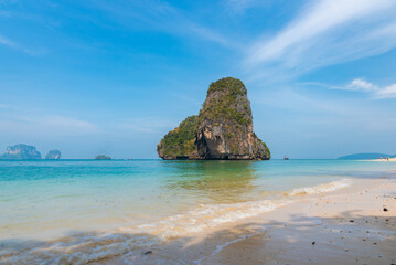 horizontal closeup photo, phra nang beach in Thailand, paradise, sunny beach, sunbathing and...