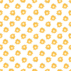 Trendy seamless floral pattern. Endless print made of small yellow flowers. Summer and spring motifs. White background. Stock illustration.
