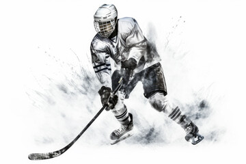 hand-drawn illustration that depicts a skillful ice hockey athlete in action. The sharp lines and monochromatic scheme bring out the energy and intensity of the moment. Generative AI Technology.