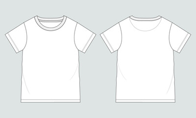 Short sleeve Basic T-shirt technical fashion flat sketch vector Illustration template front and back views. Basic apparel Design Mock up for Kids and boys.