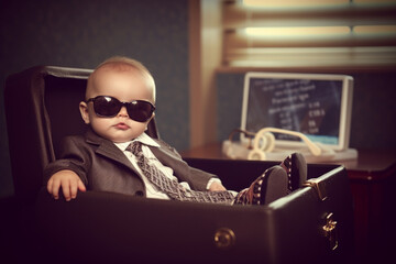 young child dressed in a formal business suit, sitting inside a suitcase, representing ambition, leadership, and the entrepreneurial spirit. Generative AI Technology.