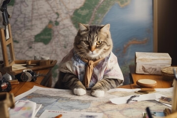 Fototapeta na wymiar cat dressed in casual clothes, poring over a map and dreaming about an upcoming holiday, adding a touch of leisure and adventure to daily life. Generative AI Technology.