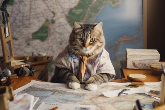 cat dressed in casual clothes, poring over a map and dreaming about an upcoming holiday, adding a touch of leisure and adventure to daily life. Generative AI Technology.