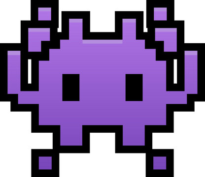 Top quality emoticon. Space monster. Classic game purple alien monster 8-bit graphic face emoji. Popular element.. Emoji icon from Telegram App.