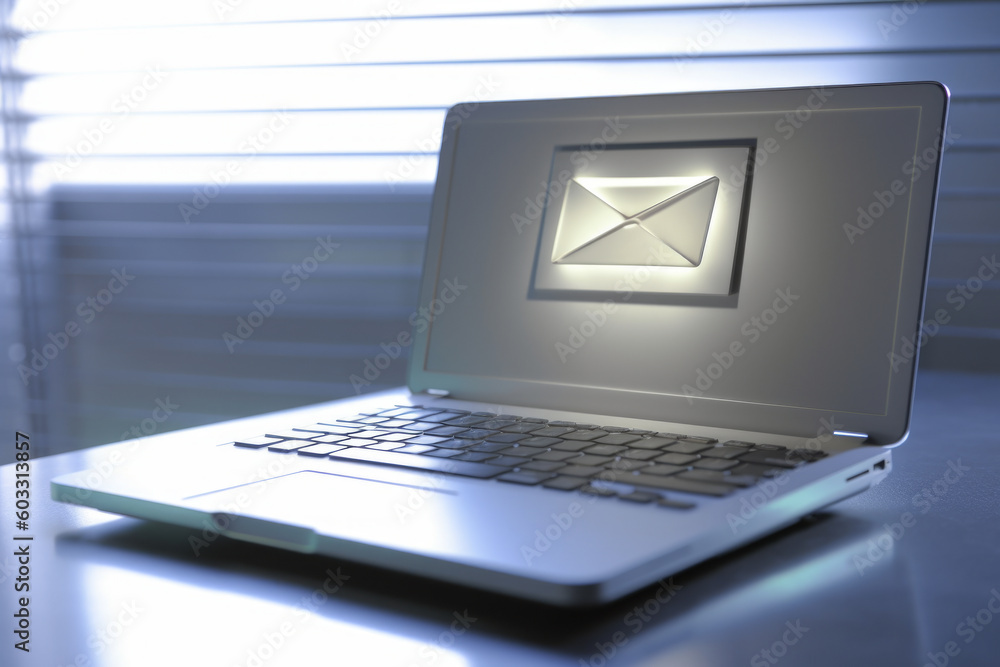 Poster laptop on a desk with an email icon displayed on the screen. perfect for illustrating communication 