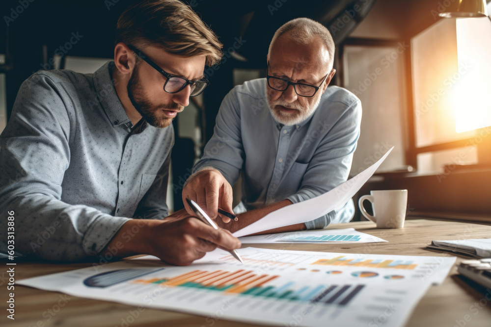 Poster two men analyzing graphs on a paper during a brainstorming session. this image represents teamwork a