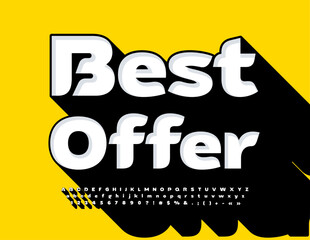 Vector bright Best Offer Sign for Sales. Trendy Font with Big Shadow. Artistic 3D Alphabet Letters, Numbers and Symbols