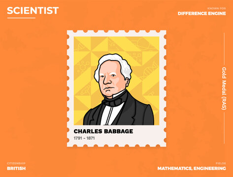 Charles Babbage Inventor's Postcard Creative Ticket (Stamp) Design with Informative Details-vector illustration