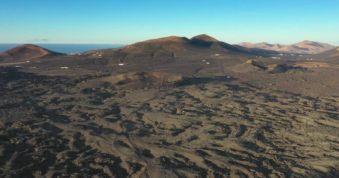 Drone time lapse video over the barren volcanic Timanfaya National Park on Lanzarote